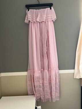 Spool 72 Maxi Dress Blush Pink Chiffon Lace Ruffles Lined Large Fairy Feminine